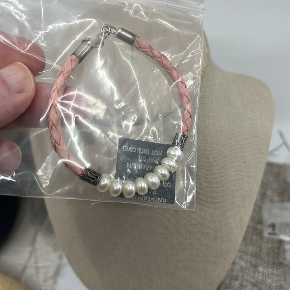🌸 Vintage Honora Pink Leather & Pearl Bracelet - 7.25" Lobster Clasp - Picture 8 of 9